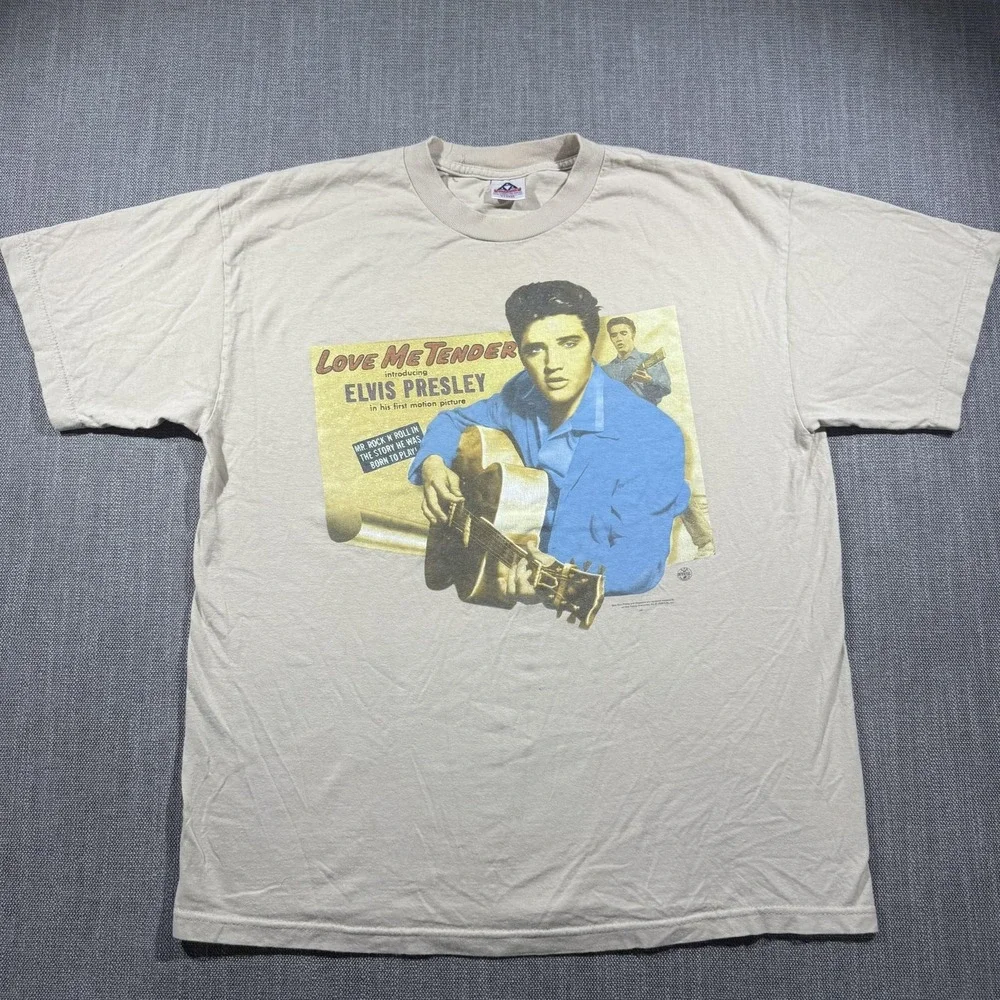 Vintage Elvis Presley Shirt Mens XL Beige Love Me Tender Graphic 90s Alstyle